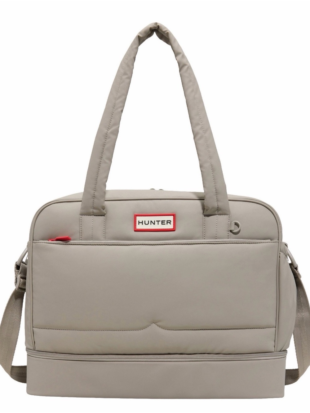 Hunter Taupe Duffel with Red Logo Accent Patch